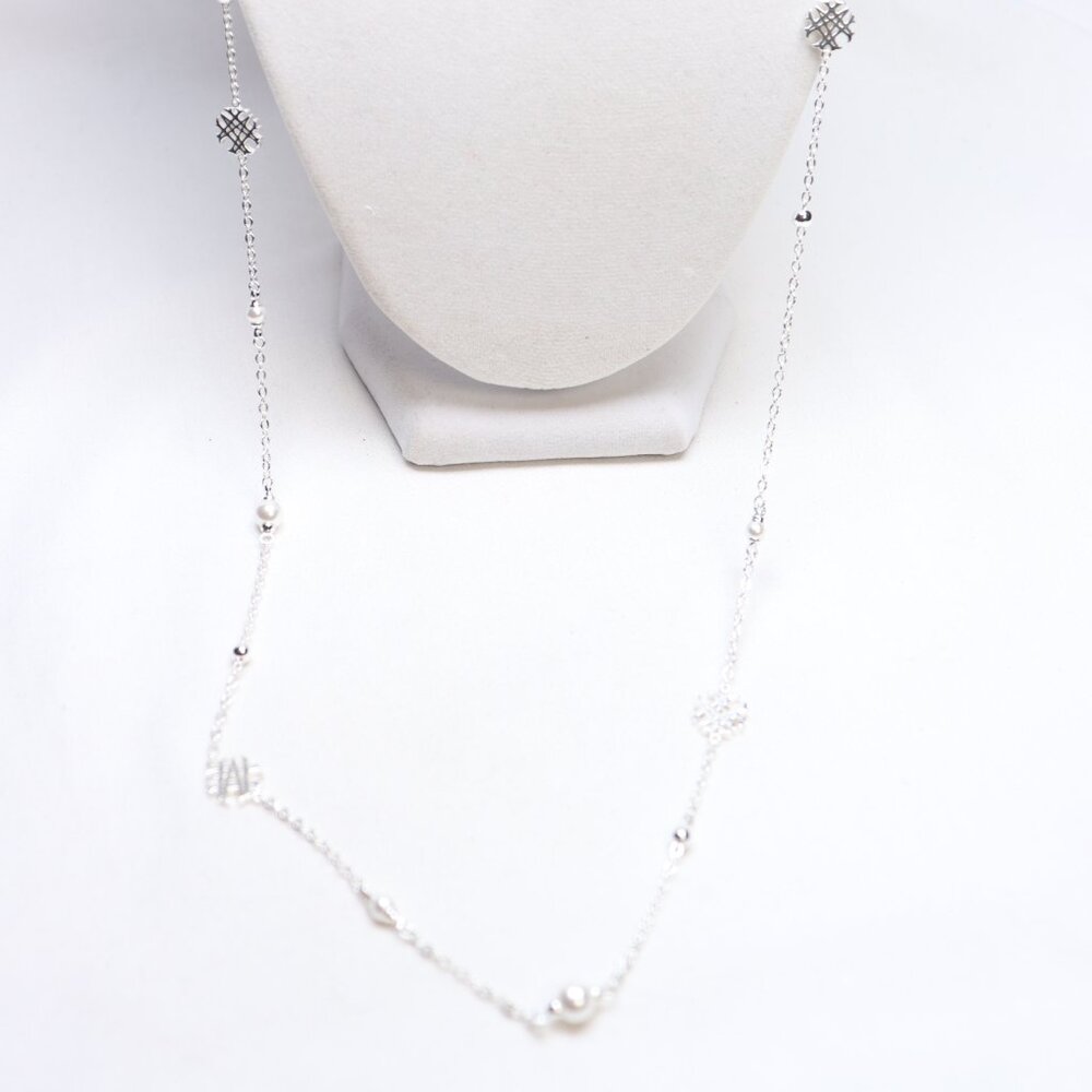 Natalie Wood Desings Silver Tone Adorned Pearl Logo Station Necklace $65 New